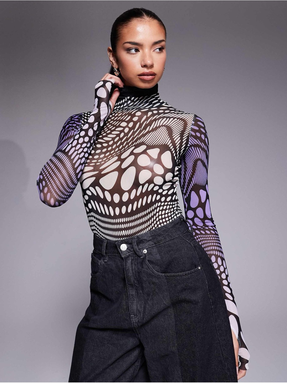 AFRM Purple & Black Abstract Sheer Mock Neck Long-Sleeve Top